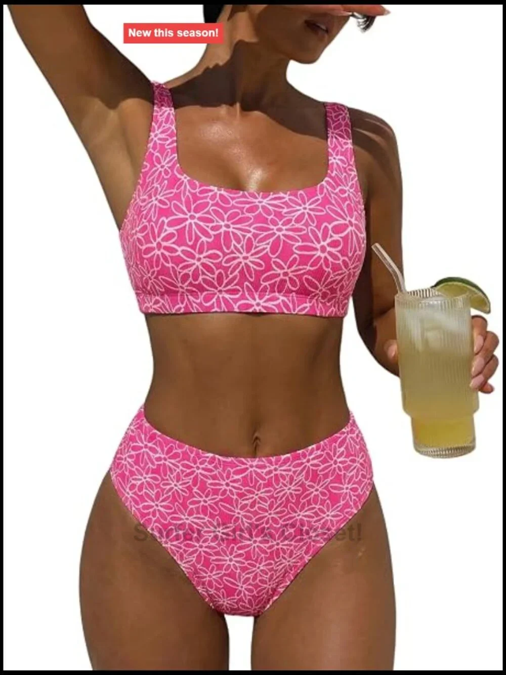 High Waisted Textured Floral Bikini Set 2 Piece Swimsuit Scoop Neck Tummy